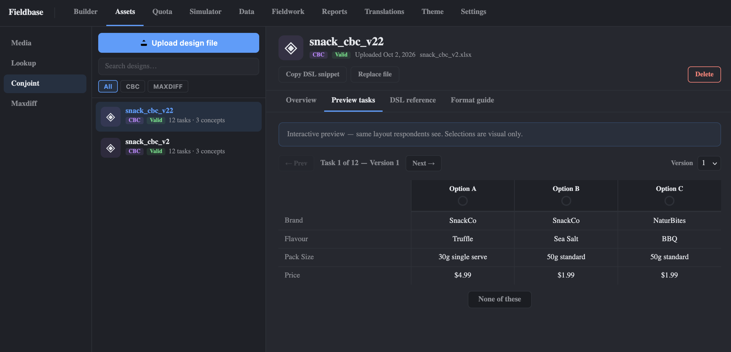 CBC design file preview — a single conjoint task rendered as the respondent will see it, with concepts side-by-side and the None-of-these option