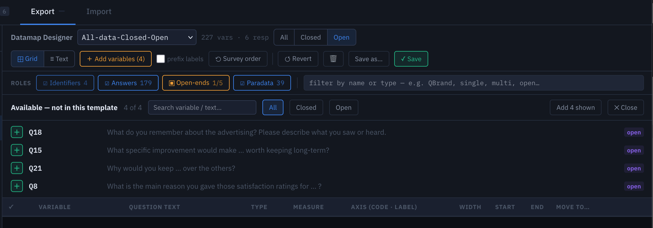 Available — not in this template drawer: open-end rows with +Add buttons on the left and the Add N shown button on the right