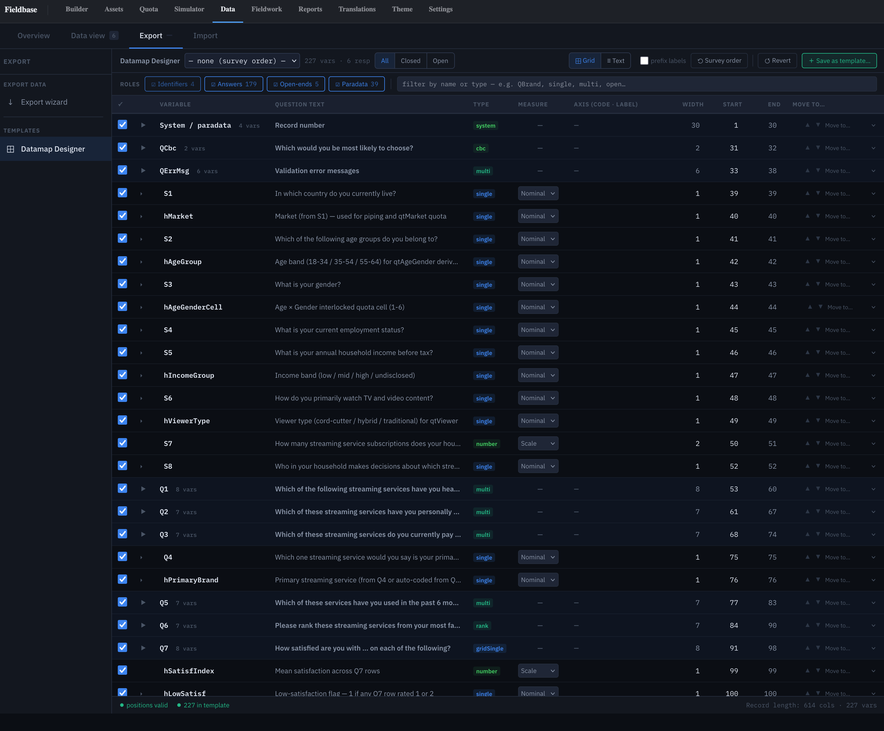 Datamap Designer — Template dropdown, Grid/Text toggle, Add variables, Role filters chips, and the variable grid with Question text, Type, Measure, Width, Start, End