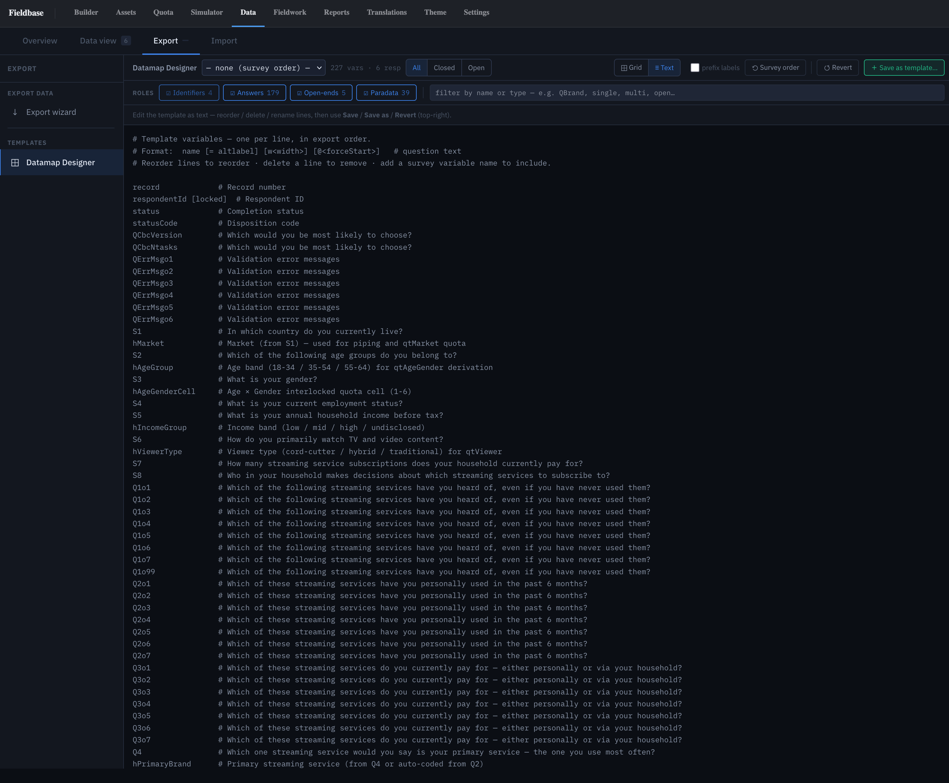 Datamap Designer — Text view editor showing one line per variable with name, question text, altlabel, width, and forceStart annotations
