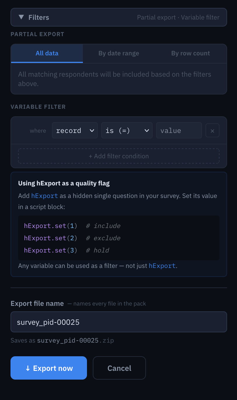Partial export filter panel — All data / By date range / By row count, plus the variable filter row