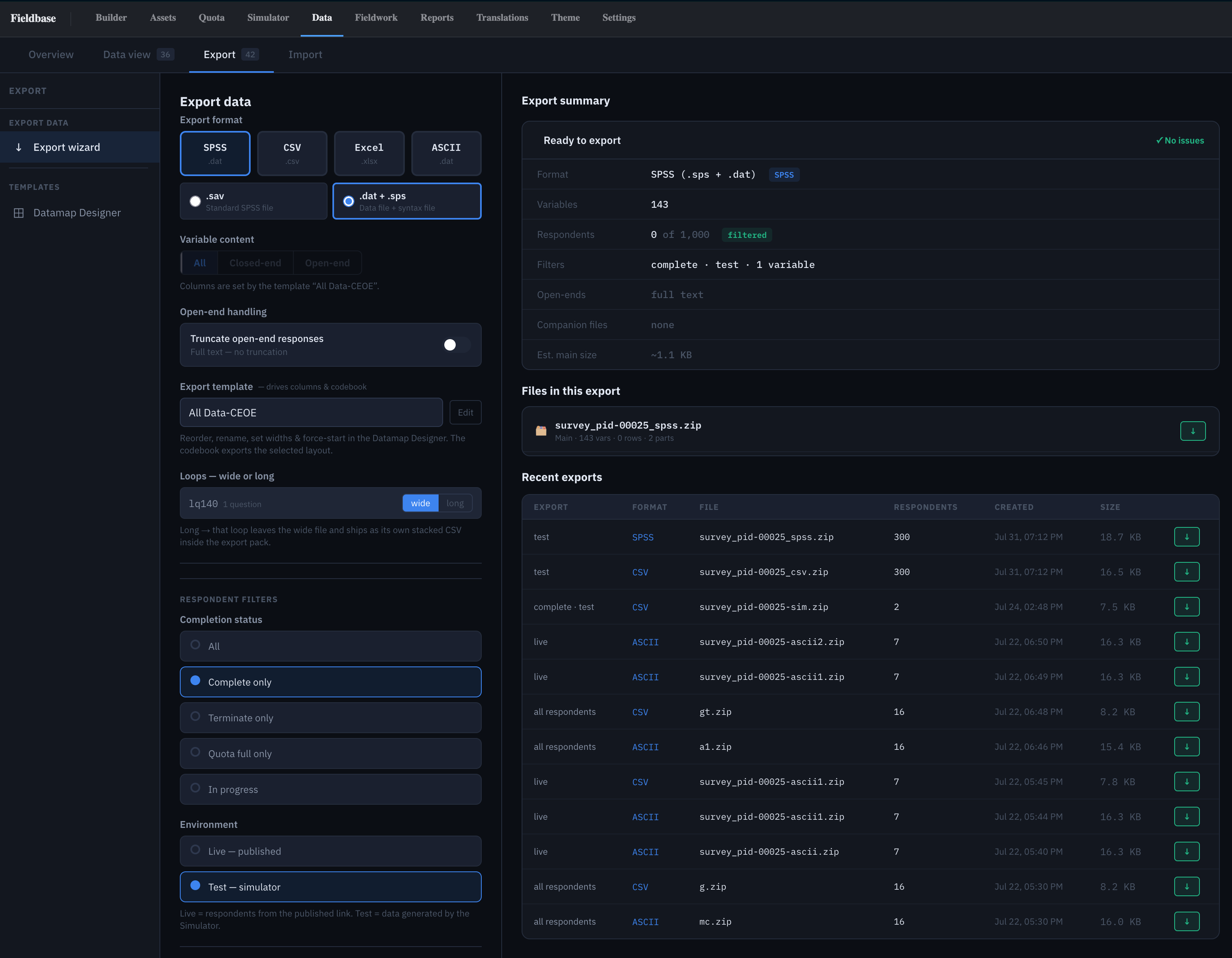 Export wizard — Format, Variable content, Template, Status, Environment, Advanced, with the summary panel and recent-exports list on the right