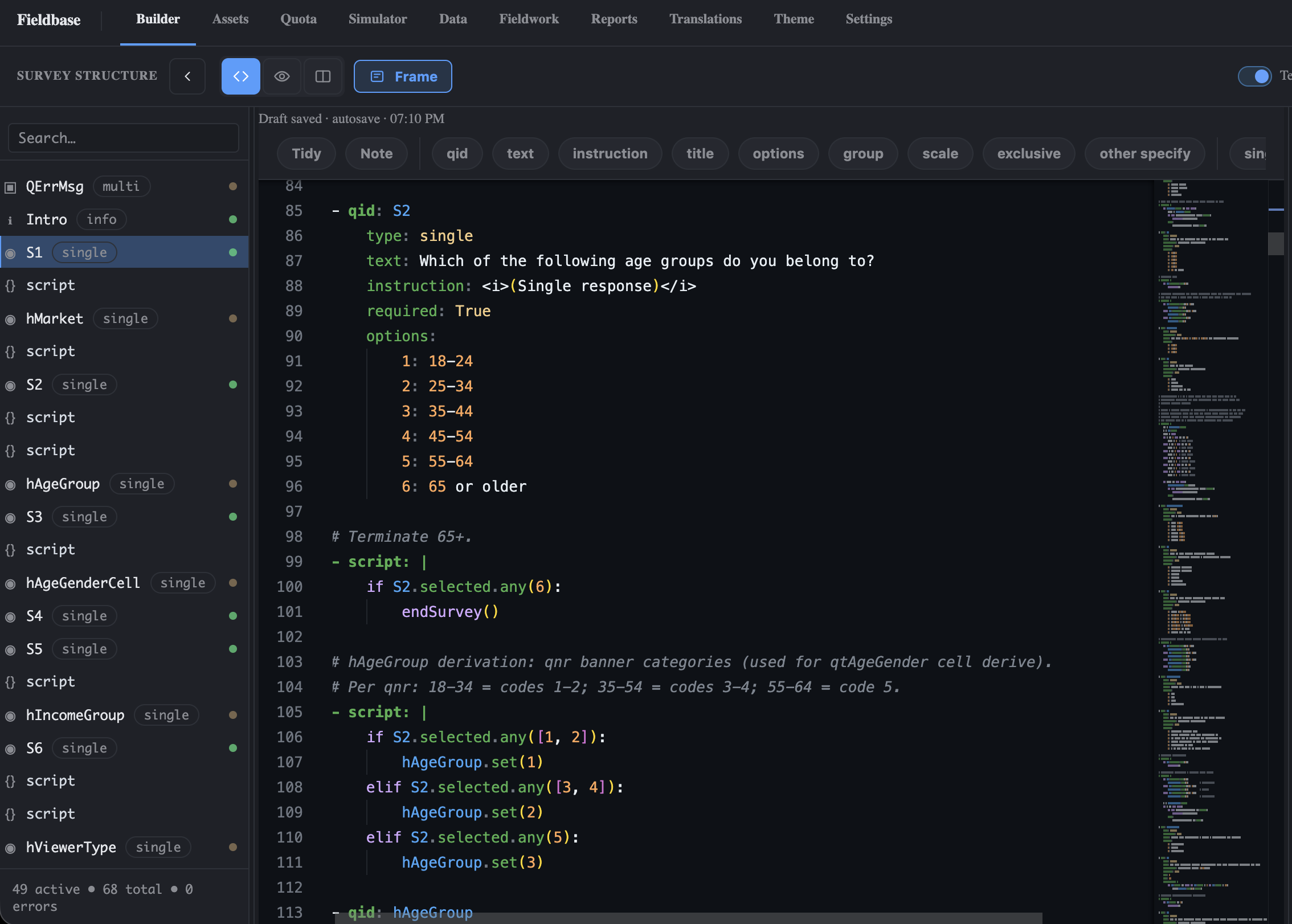 A script block open in the Fieldbase editor — Python-like syntax with quota.isFull(), endSurvey(), computed hidden values, and accessor-based piping